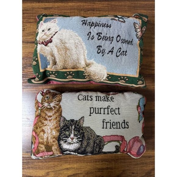 2 Vintage Tapestry Cat Throw Pillows Small Each 11.5" by 7" - Picture 1 of 5